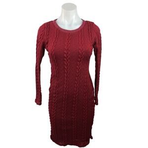 Roolee Women's Red Crew Neck Long Sleeve Cable Knit Pullover Sweater Dress XXS